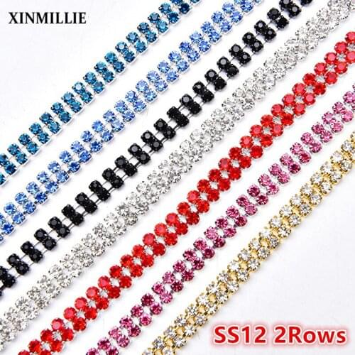 1 Meter SS12 3mm Rhinestone Trim 2 Rows Glass Crystal Cupchain Chain Wedding Dress Decoration Sewing Fabric DIY Accessories