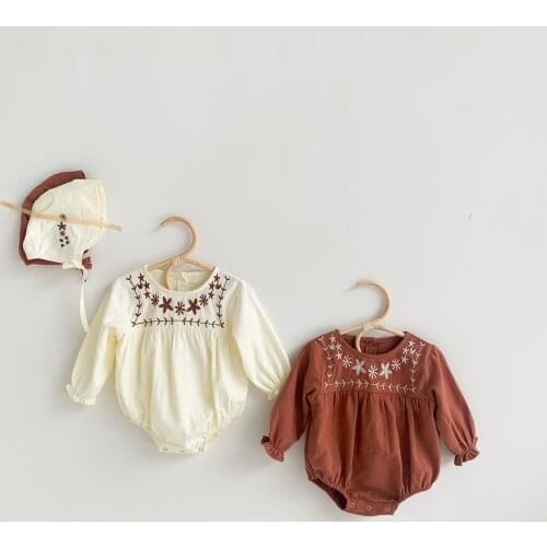 2021 Baby Romper Spring Long Sleeve Cotton Flower Embroidered Korean Japan Infant Girls Outift Clothing Outwear with Hat Sets