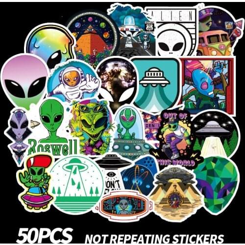 50PCS Outer Space Sticker UFO Alien Astronaut Rocket Cartoon Stickers Gifts Toys for Children DIY Skateboard Laptop Car Phone