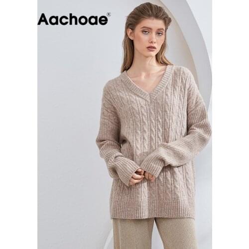 Aachoae Women Elegant V Neck Solid Sweaters Long Sleeve Knitted Twist Sweater Solid Color Autumn Winter Soft Pullover Tops