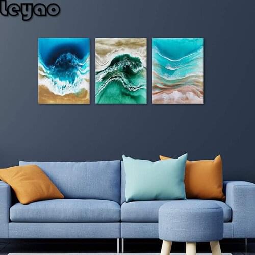 Diamond Painting Full Square 3 Piece Abstract Turquoise Teal Blue Seascape Coastal Ocean full Diamond Embroidery Home decoration