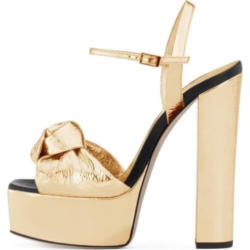 Sandals Women Summer Gold Butterfly-knot Platform Sandals Heels Ankle Strap Peep toe Cuts-out Thick High Heel Sandals Size 10