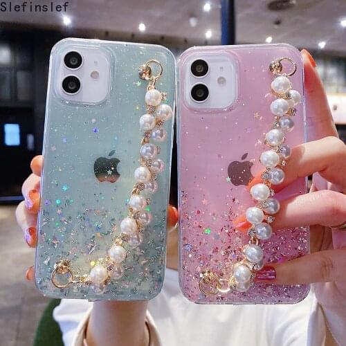 Gradient Glitter Pearl Chain Wrist Phone Case For Samsung Galaxy S21 S20FE S10 Note 20 Ultra A32 A42 5G A51 A71 Soft Clear Cover