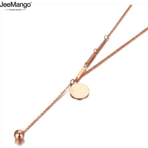 JeeMango Fashion Bohemia Titanium Stainless Steel Round Tag Chain Choker Necklace Beach Ball Pendant Necklace For Women JN20101
