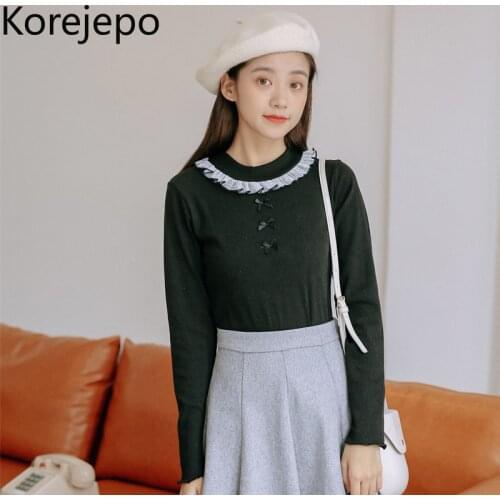 Korejepo Women T-shirt 2021 Autumn New Korean Chic Sweet Stitching White Slim Bottoming Shirt Long-sleeved O-neck Outer Wear Tee