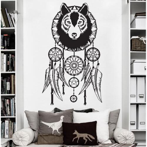 Creative Wolf Dremcatcher Wall Decal Home Room Special Cool Decorative Vinyl Wall Murals Wolf Head Art Design DreamcatcherWm-028