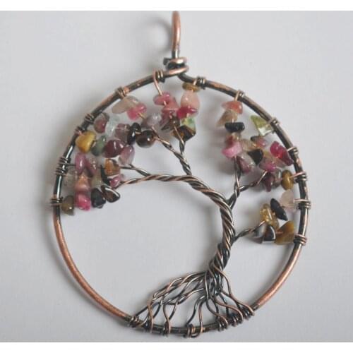 Pendant Bead Fit Necklace Copper Wire Wrap Tree of life Multi-color Tourmaline chip Beads for Men Girls Jewelry Gift 1Pcs K2058