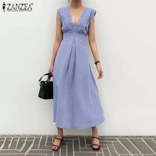 2021 ZANZEA Summer Elegant V Neck Sleeveless Sundress Women OL Work Solid Midi Dress Robe Femme Casual Pleated Vestidos Kaftan