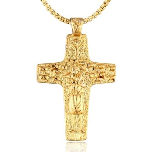 Megin D Stainless Steel Titanium Retro Cross Virgin Holy Mother Maria of God Pendant Collar Chain Necklace for Men Women Jewelry