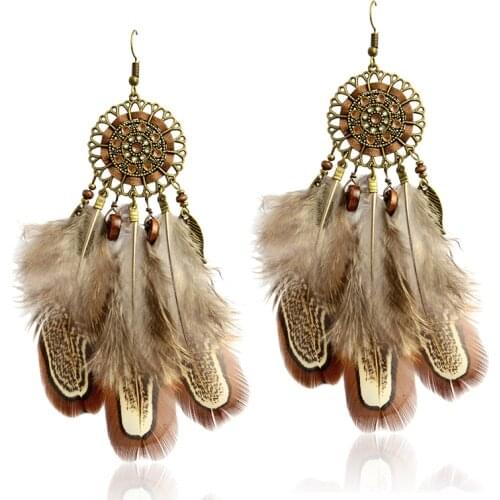 Miss Zoe Indian Style Dreamcatcher Beads Danglers Long Feather Drop Earrings Bohemia Ethnic Vintage Charm BOHO Holiday Jewelry
