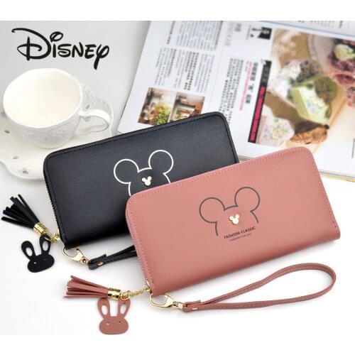 Disney Mickey Cute Lady Wallet Long Zipper Tassel Key Coin Purse Student Mini Card Holder Minnie Pu Multifunctional Cosmetic Bag