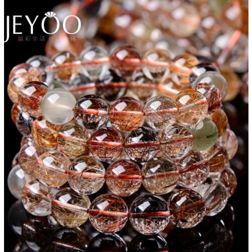 Genuine Natural Colorful Copper Rutilated Quartz Crystal Bracelet Brazil Woman Man Wealthy Round Beads Jewelry AAAAA