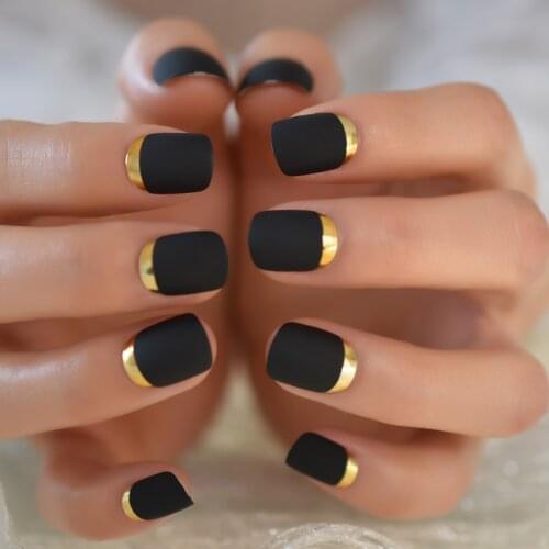 Classic Black Froste Gold Edge French Wearable Fake Nails Suitable Girl Women Summer Hand Decoration Matte False Press on Nail