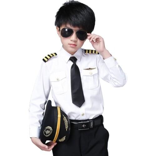 New Arrivals boy Short Sleeve White Airline Pilot Uniforms Fashion Slim Fit Black Workwear childrens show Clothing
