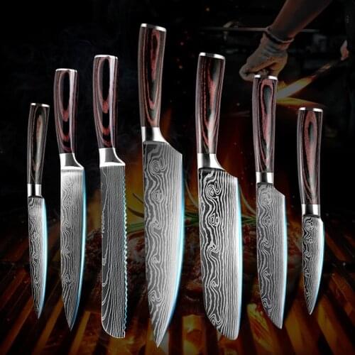 7PCS/Kit High Quality Kitchen Knives Set 8" 9" Utility Chef Knife Laser Damascus Steel Santoku Sharp Cleaver Slicing Gift Knife