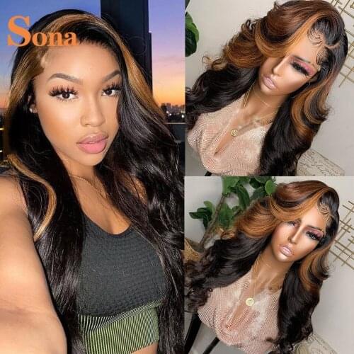 HD Transparent Lace Wig Body Wave #1B Brown Highlight Lace Front Wig Brazilian Remy Colored Human Hair Lace Frontal Wig