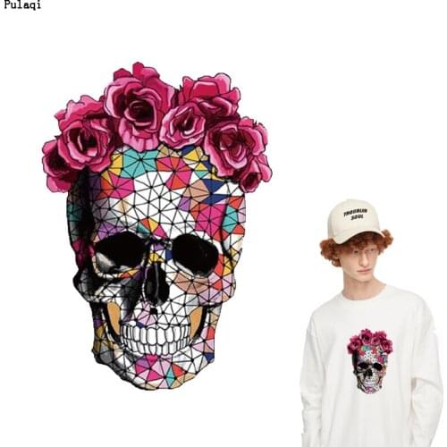 Pulaqi DIY Skull Iron On Transfer Biker Vinyl Heat Transfer Patch For Clothes Ironing Sticker Stripe PVC Applique T Shirt Badges