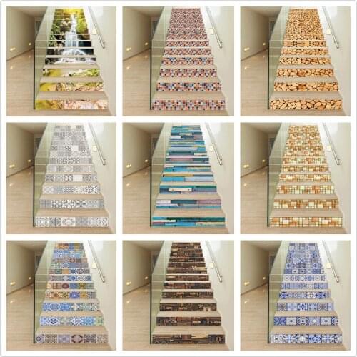 6pcs/13pcs Retro Tile Stair Sticker Self Adhesive PVC Removable Stairway Wallpaper Home Design Art Staircase Decal Stairs Mural