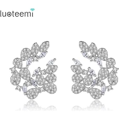 LUOTEEMI Leaves Stud Earrings Tiny AAA Cubic Zircon Elegant Fashion Jewellery for Women Girls Dating Anniversary Christmas Gift