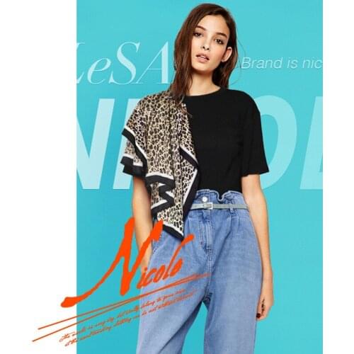 Leopard print silk scarf stitching white black short-sleeved t-shirt womens summer 2021 new irregular design top