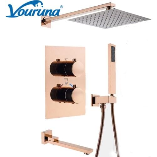 VOURUNA Thermostatic Concealed Shower Combination Wall Mounted Rose Golden Bathroom Faucet Set With Tub Spout 10" Rainshower