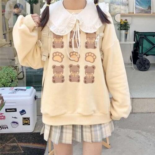 QWEEK Kawaii Funny Bear Hoodie Women Anime Sweatshirt for Girls 2021 Korean Fashion Cute Oversized Tops Print Crewneck Kpop Chic