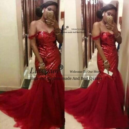 African Sequins Mermaid Prom Dresses 2020 vestidos de gala Off The Shoulder Evening Gowns Red Special Occasion Party Dress