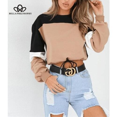 Bella Philosophy 2019 Spring Long Sleeve Patchwork Women T Shirt Casual O-Neck Female Short Block Ribbed Shirt