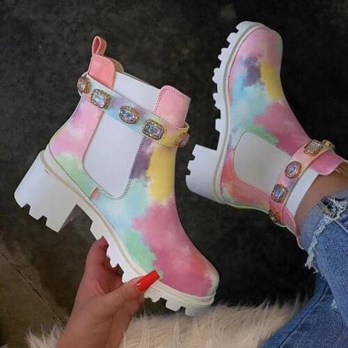 Martin Boots Womens 2021 Spring New Womens Large Multi Color Rhinestone Short Boots Thick Bottom Crystal Buckle Martin Boots