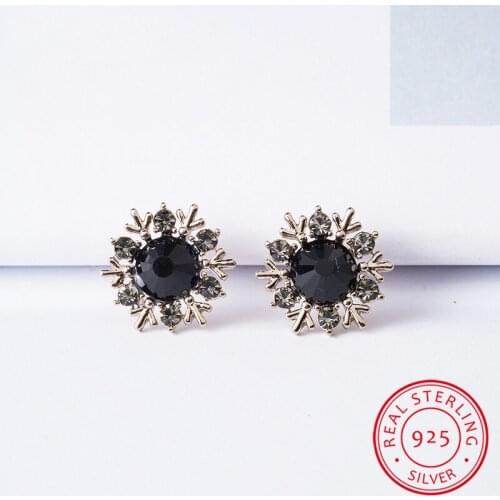 Female Antique Black Round Stone Earrings Real 925 Sterling Silver Stud Earrings For Women Vintage Snowflake Wedding Earrings