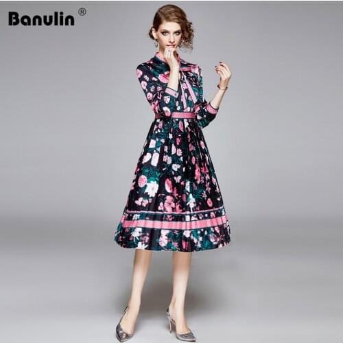 Banulin 2019 Autumn Runway Designer Elegant Pleated Dress Womens Long Sleeve Floral Printed Dress Dot Print Bow Vestidos