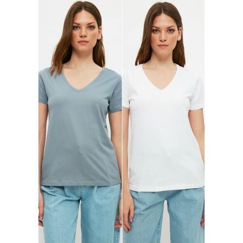 100% Cotton Single Jersey V-Neck 2-Pack Knitted T-Shirt Tshirt women casual T-shirt cotton bear claw Tees female off shoulder