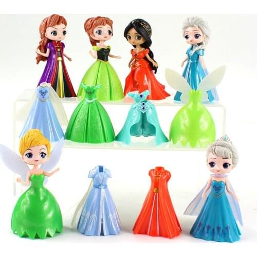 12pcs Princess Figures Dress Changeable Anna Elsa Jasmine Tinkerbell Sleeping Beauty Model Toys
