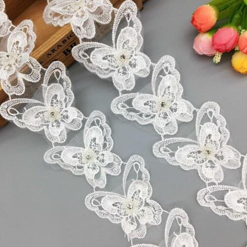 2yd 3D Diamond Butterfly Flower Embroidered Lace Trim Applique Trimmings Tulle Ribbon Fabric Wedding Dress Veil Sewing Craft