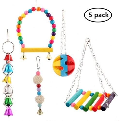 5 pcs Parrot Swing Toy Bird Cage Accessories Bird Stand Rack Hanging Perch For Bird Parrot Swing Toy with Colorful Beads Bells