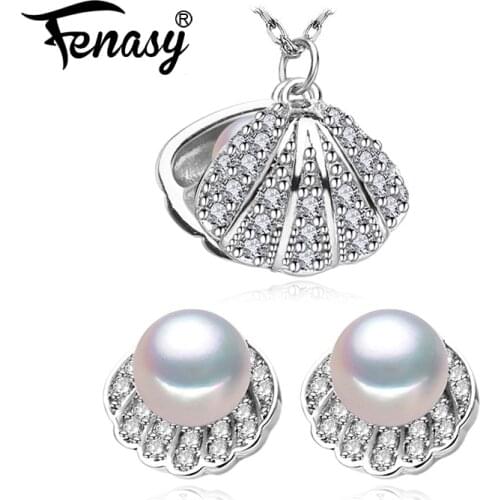 FENASY Natural Freshwater Pearl Earrings Silver Color Bohemian Pendant Necklaces For Women Shell Stud Earrings Idea Gift