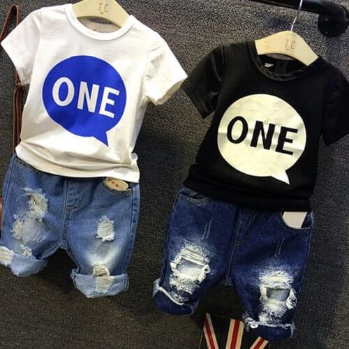Baby Boys Girls Summer T Shirt+Denim Jeans Shorts 2PCS Clothing Set Kids Tracksuit Toddler Cool Costume Children Sport Suit 2-7Y