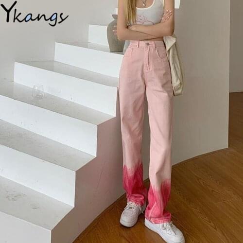 Y2k Pink Aesthetic Gradient Wide Leg Jeans Women Harajuku Baggy High Waist Denim Pants Kawaii Jogging Casual Streetwear Trouser