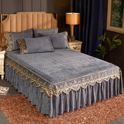 Lace Bed Skirt Crushed Velvet Embroidery Queen Qulited Bedspread Set King Full Double Elastic Bed Cover Fitted Sheet Pillowcases