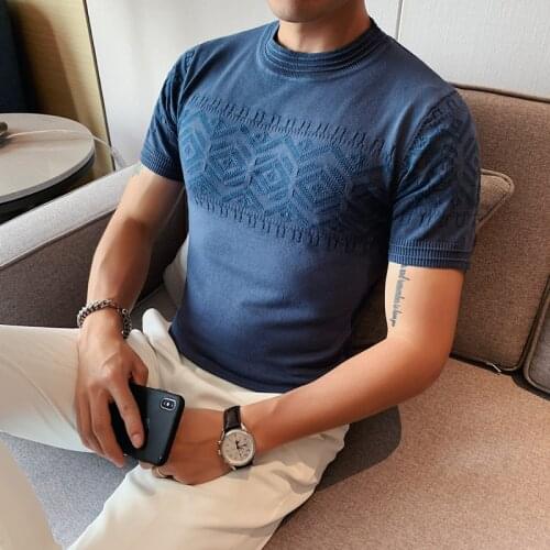 Summer Knitted T Shirt Men British Slim Short Sleeve Casual T-Shirt Ice Silk O-neck Tops Tees Streetwear Business Male Clothing