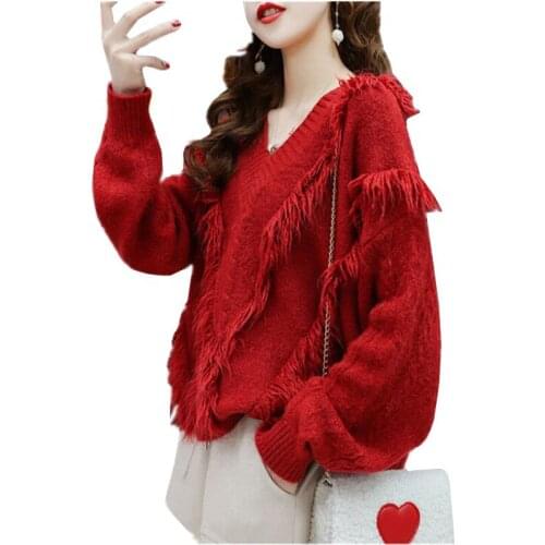 Fashion Solid Knitted Sweater Pullover Women 2021 Autumn New V Neck Loose Tassel Long Sleeve Short Knitwear Female Clothes H1676