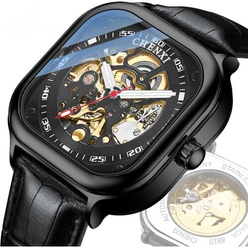 Men square fashion new automatic mechanical watch waterproof hollow out mechanical watches mens watch