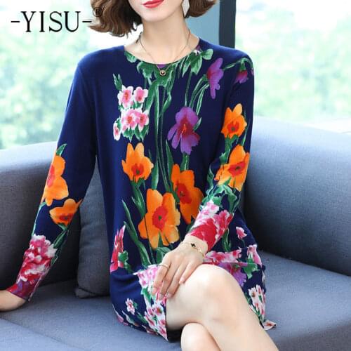 YISU Soft Autumn Women clothing Sweater O-Neck Rose flower Printing Tops Female Jumper Loose Casual Long Knitted pullove Long