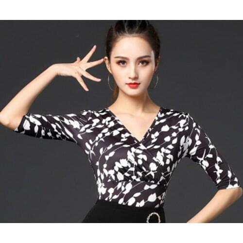 National Ballroom Dance Top New Female Adult Ice Silk Print V-Neck Modern Dance Top Latin Dance Clothes