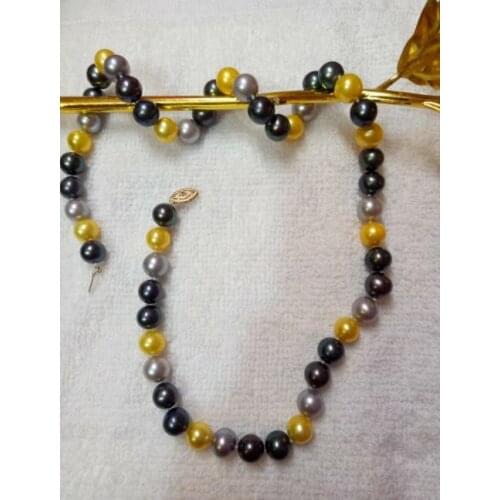 Natural round 9-10 mm multicolor pearl necklace Yellow clasp 20" 38"