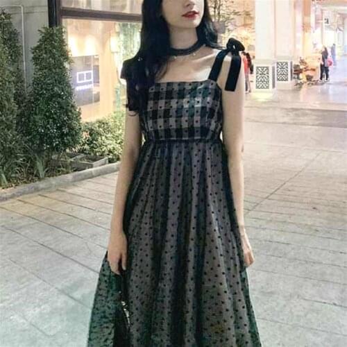 Elegant Black Dress Women Casual Mesh Spaghetti Strap Party Midi Dress 2020 Summer New Sexy Sleeveless One Piece Dress Korean