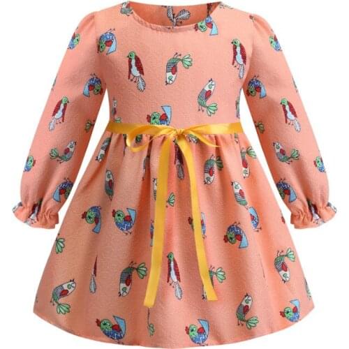 Girls O-neck Long Sleeve Casual Fashion Flowers Print A-Line Knee Length Casual Dresses Cartoon Print Girl Dresses