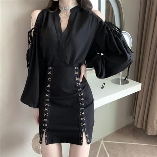 Design sense off shoulder lace up shirt + high waist personalized Hip Wrap Skirt Chiffon temperament two-piece suit