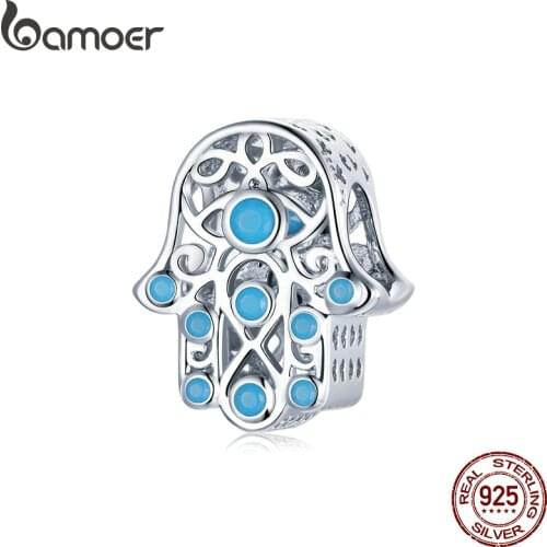 Bamoer Lucky hand 925 Sterling Silver Stone Blue Guarding hand Charm fit Original Bracelet DIY Jewelry make Pendant SCC1757