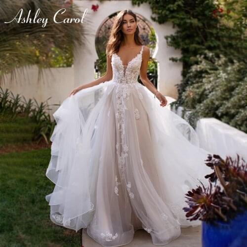 Ashley Carol A-Line Wedding Dress 2021 Charming Sweetheart Beaded Appliques Bride Spaghetti Straps Backless Beach Bridal Gown